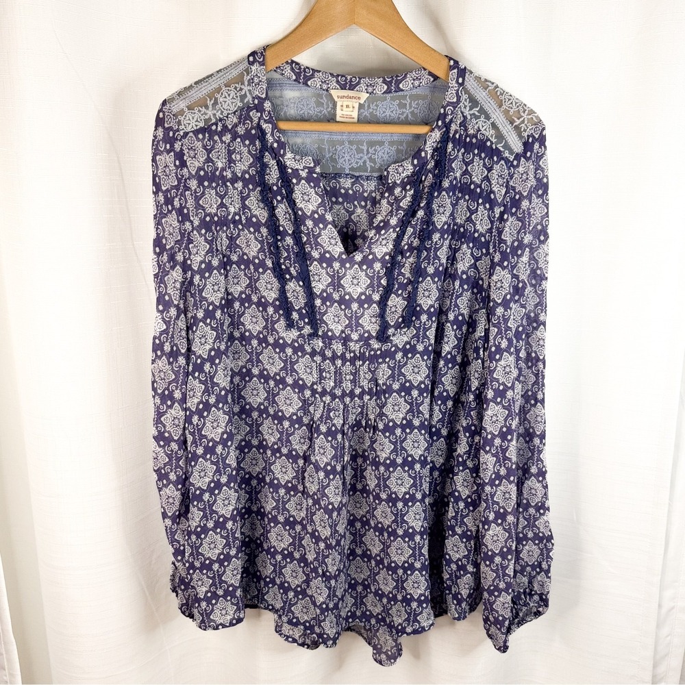 Sundance Blouse Women's XL Boho Peasant Top Purple Floral Sheer Lace Yoke EUC